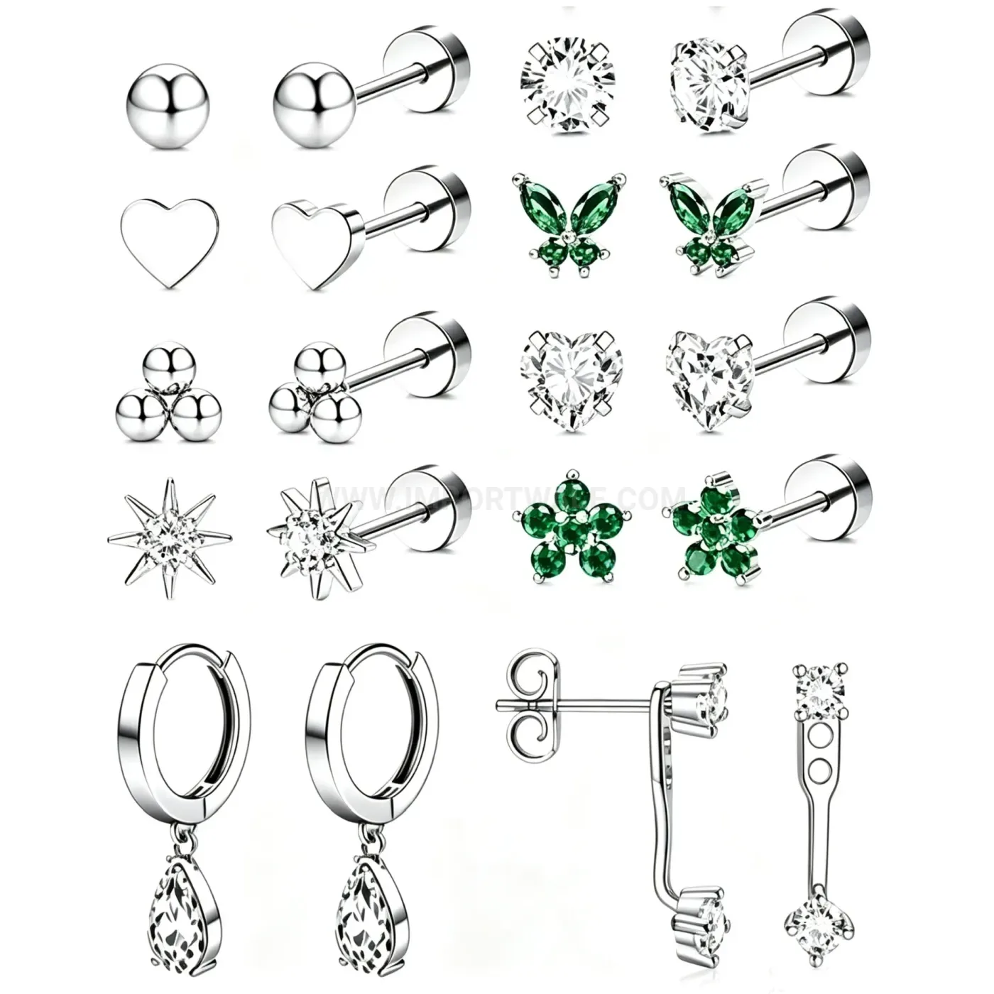 Chic Stainless Steel Floral Zirconia Piercing Studs and Hoops Set