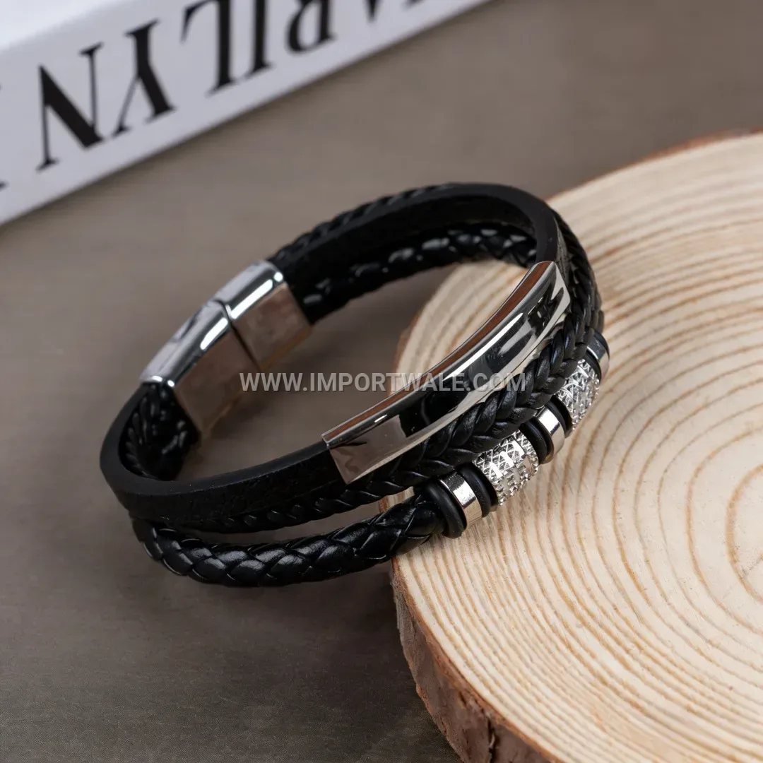 Multi Strand Leather Beaded Bracelet with Magnetic Closure