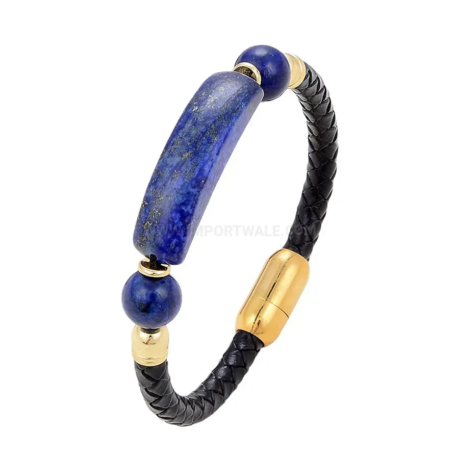 Woven Leather Stone Bracelet with Magnetic Stainless Clasp