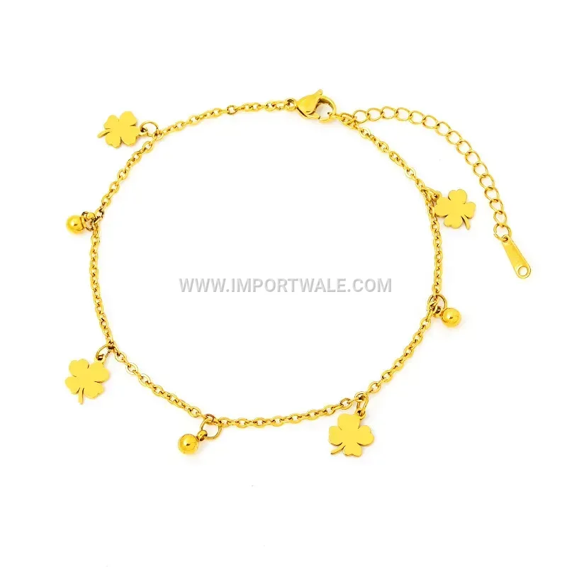 Four-Leaf Clover Gold Beaded Stainless Steel Anklet