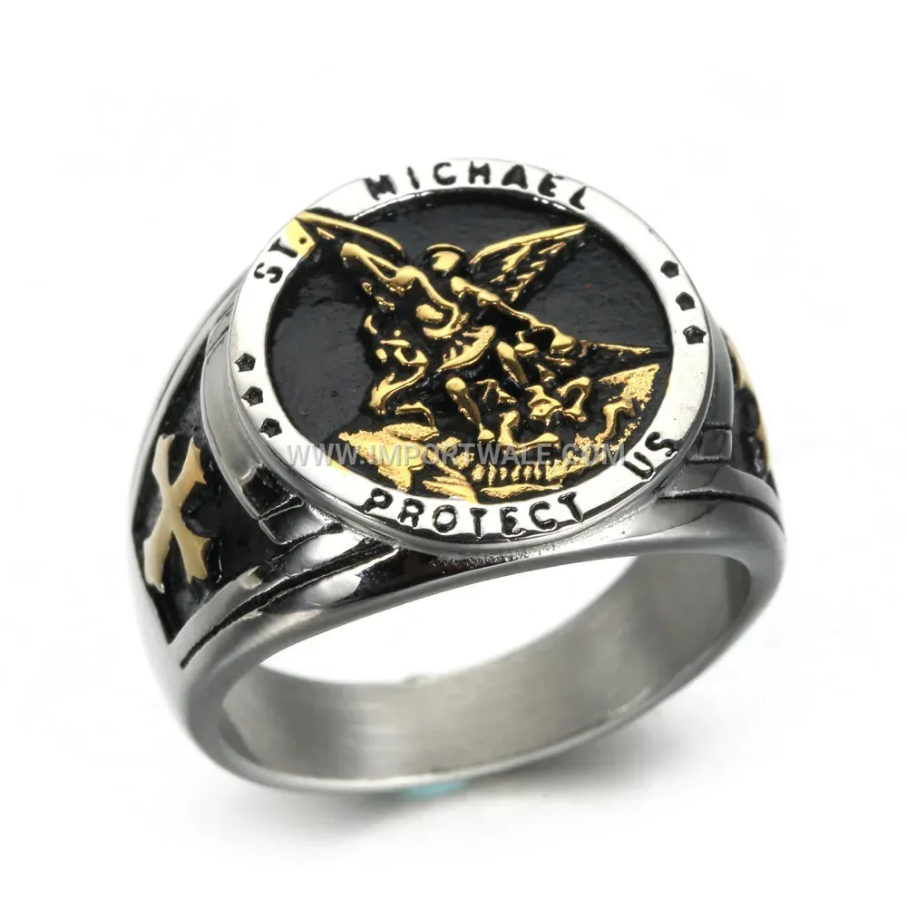 Men Vintage Saint Michael Cross Stainless Steel Ring