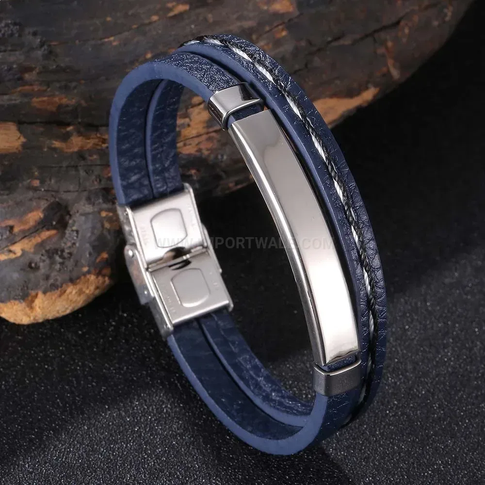 Braided Blue Leather Stainless Steel Engravable Wristband