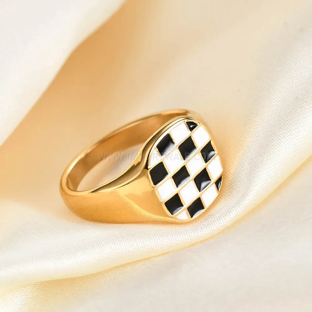 Wide Square Checkerboard Enamel Stainless Steel Ring