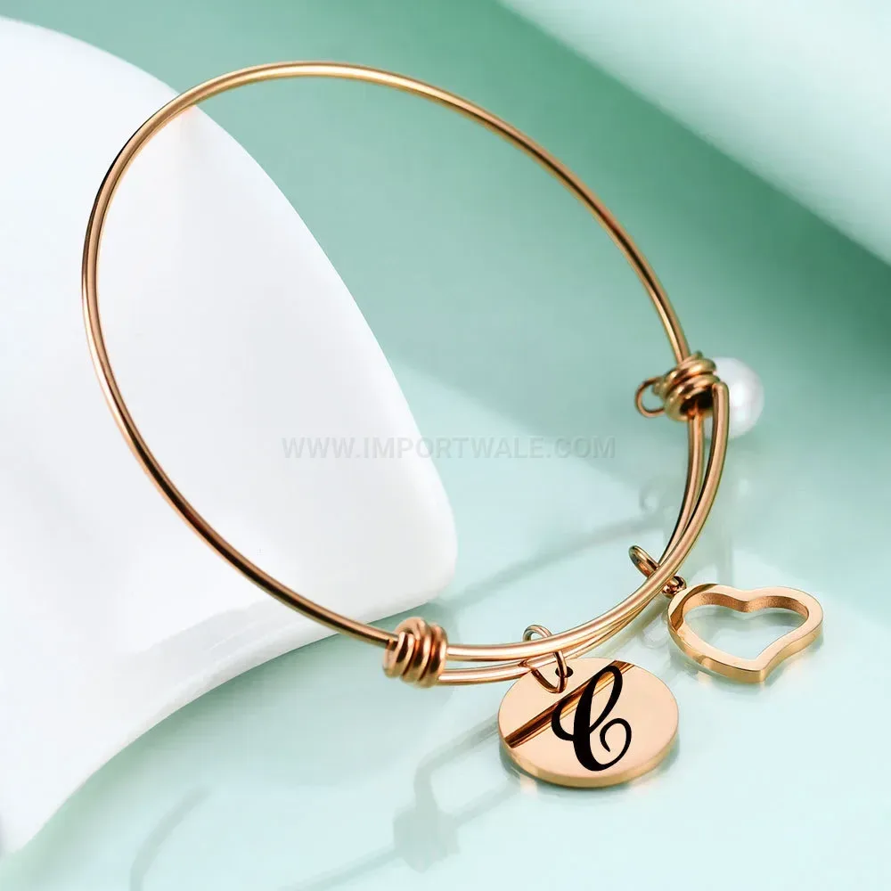 Elegant Initial Letter Engraved Pearl Stainless Steel Bangle