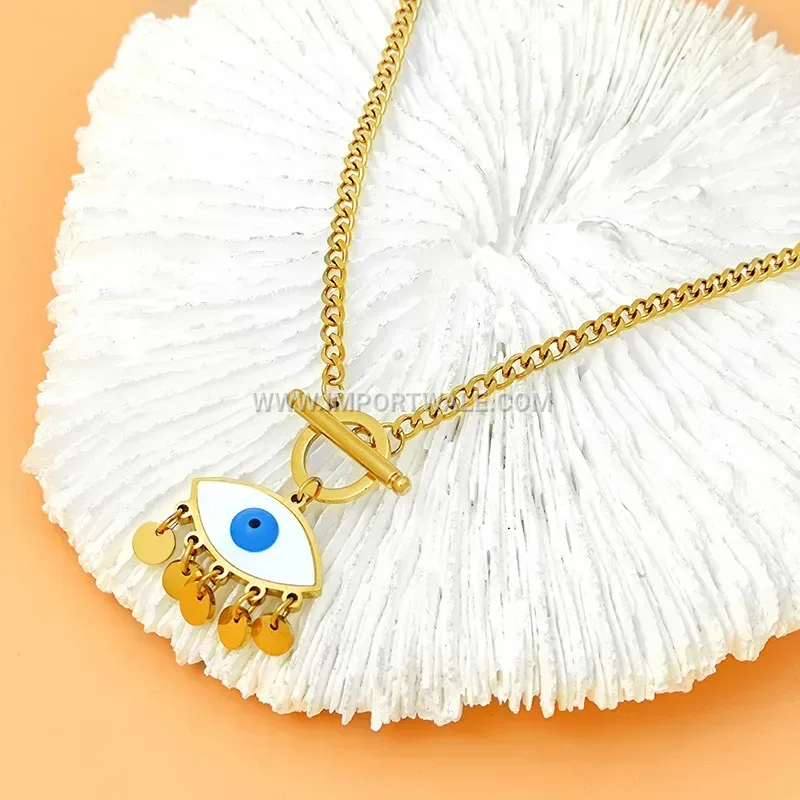Mystic Evil Eye Shell Tassel Titanium Steel Choker Necklace
