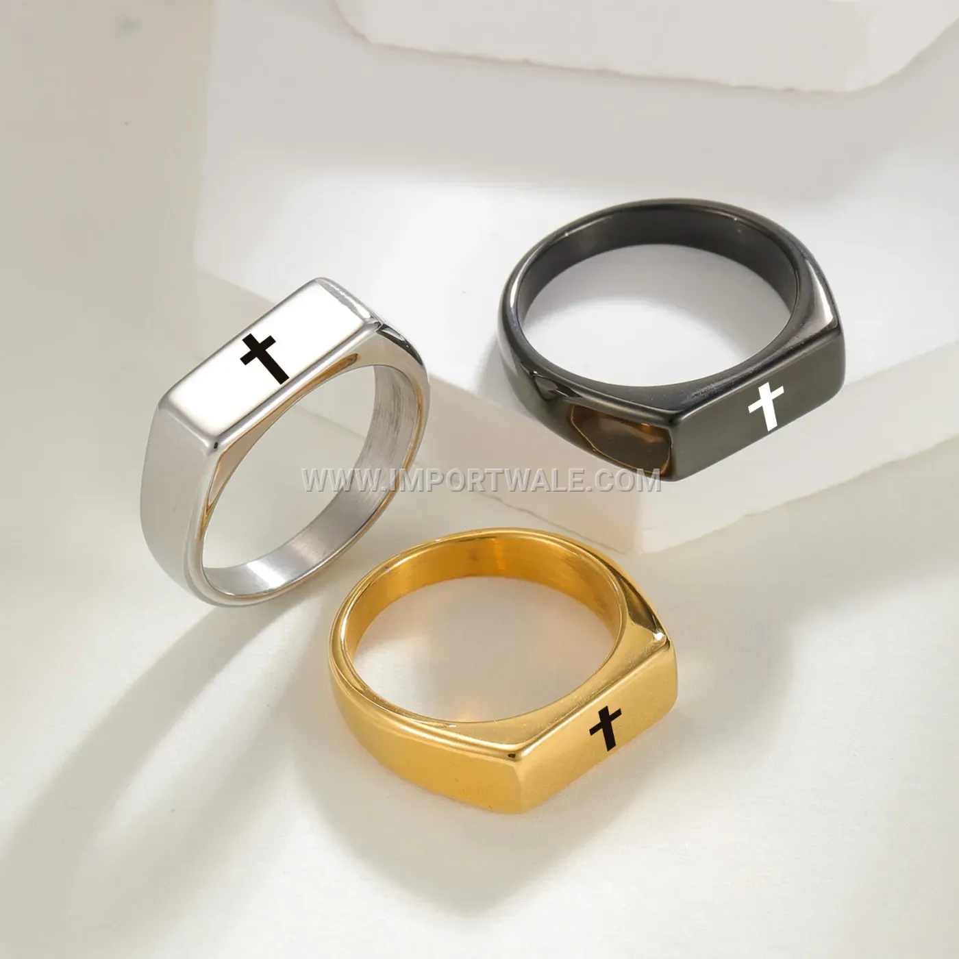 Gold Plated Cross Motif Stainless Steel Signet Ring