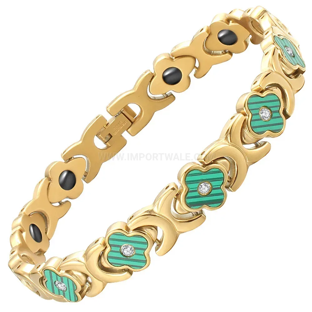 Titanium Steel Four-Leaf Clover Shell Inlaid Bio Magnetic Bracelet