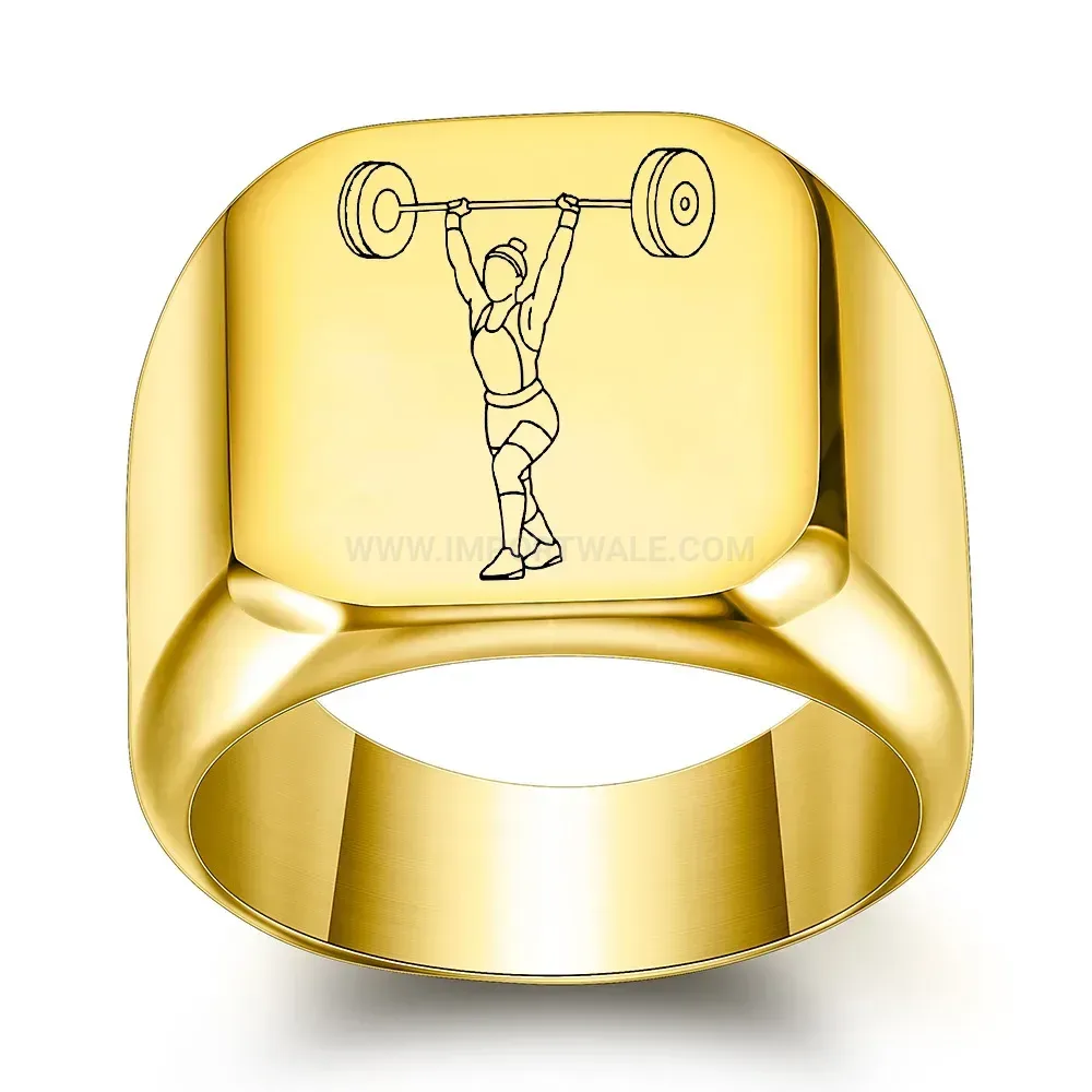 Classic Weightlifter Engraved Square Stainless Steel Signet Ring