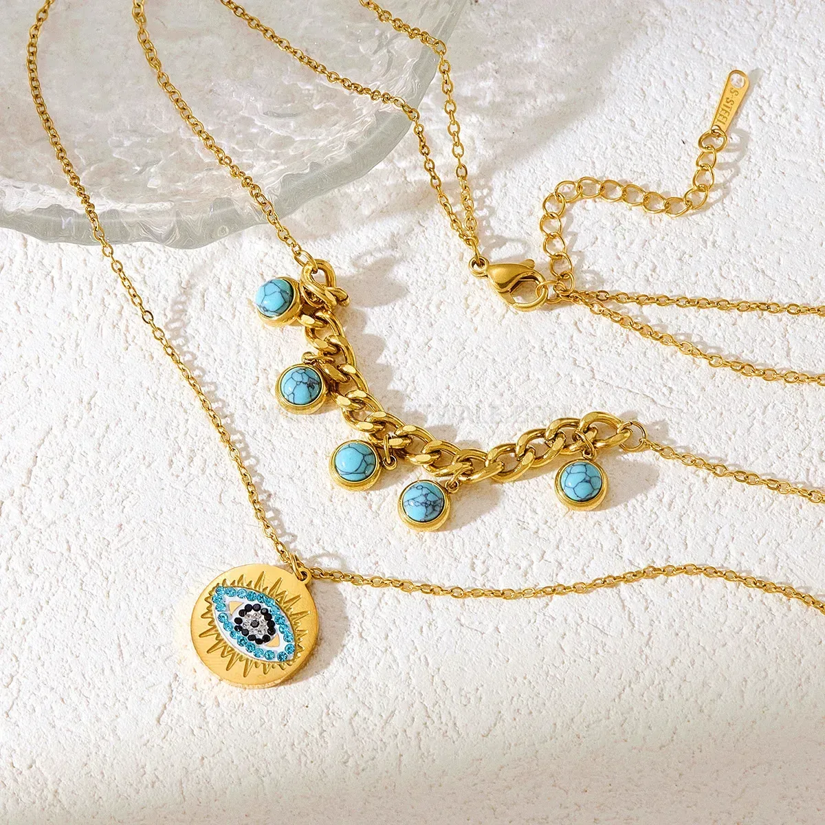 Layered Turquoise Evil Eye Pendant Stainless Steel Necklace