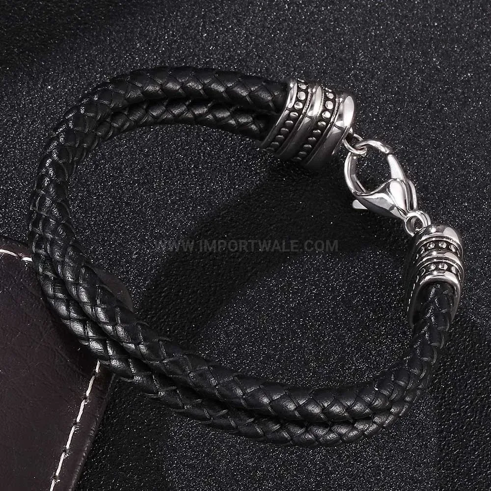 Hand-Braided Leather and Stainless Steel Geometric Cuff Bracelet