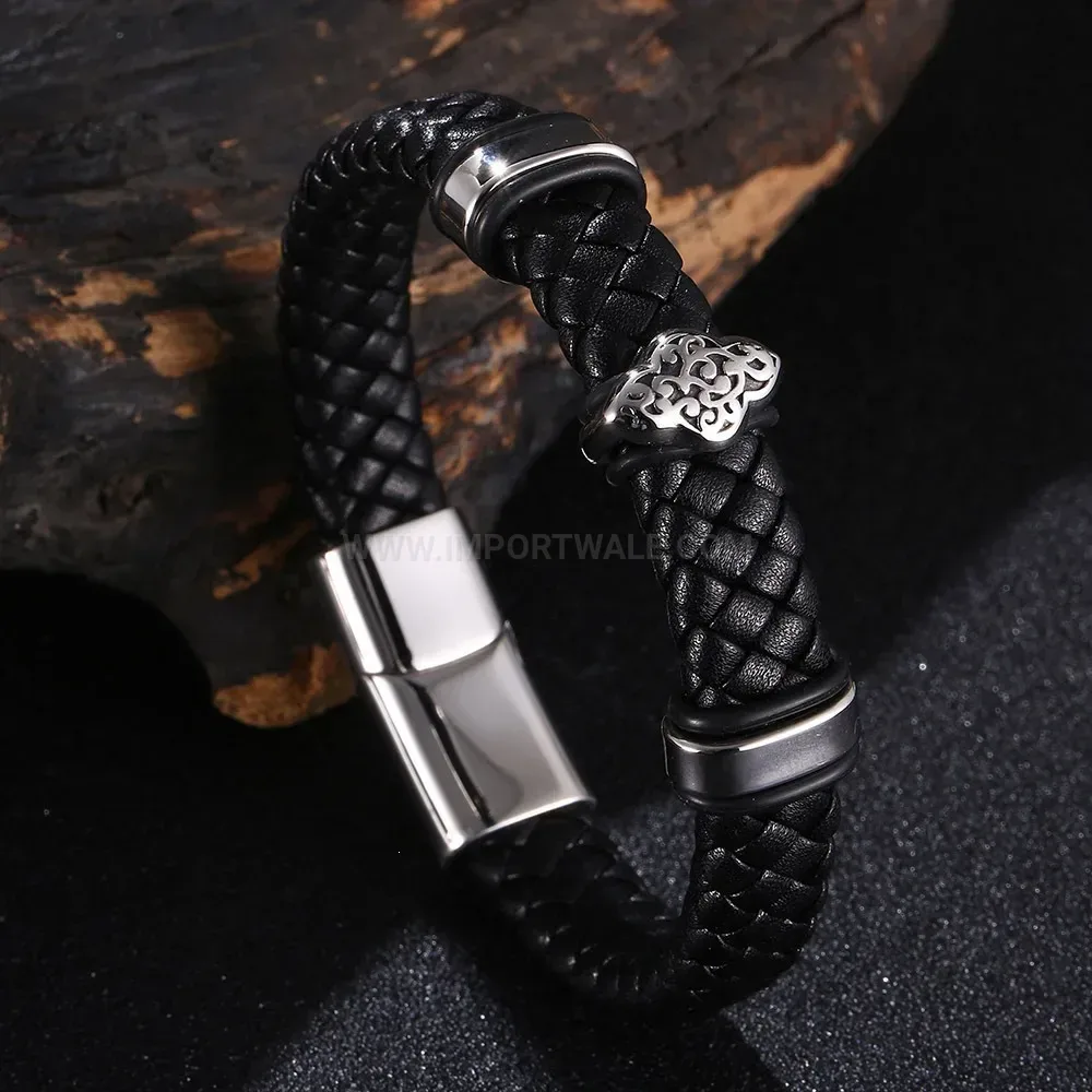 Braided Leather Stainless Steel Floral Accent Wrap Bracelet