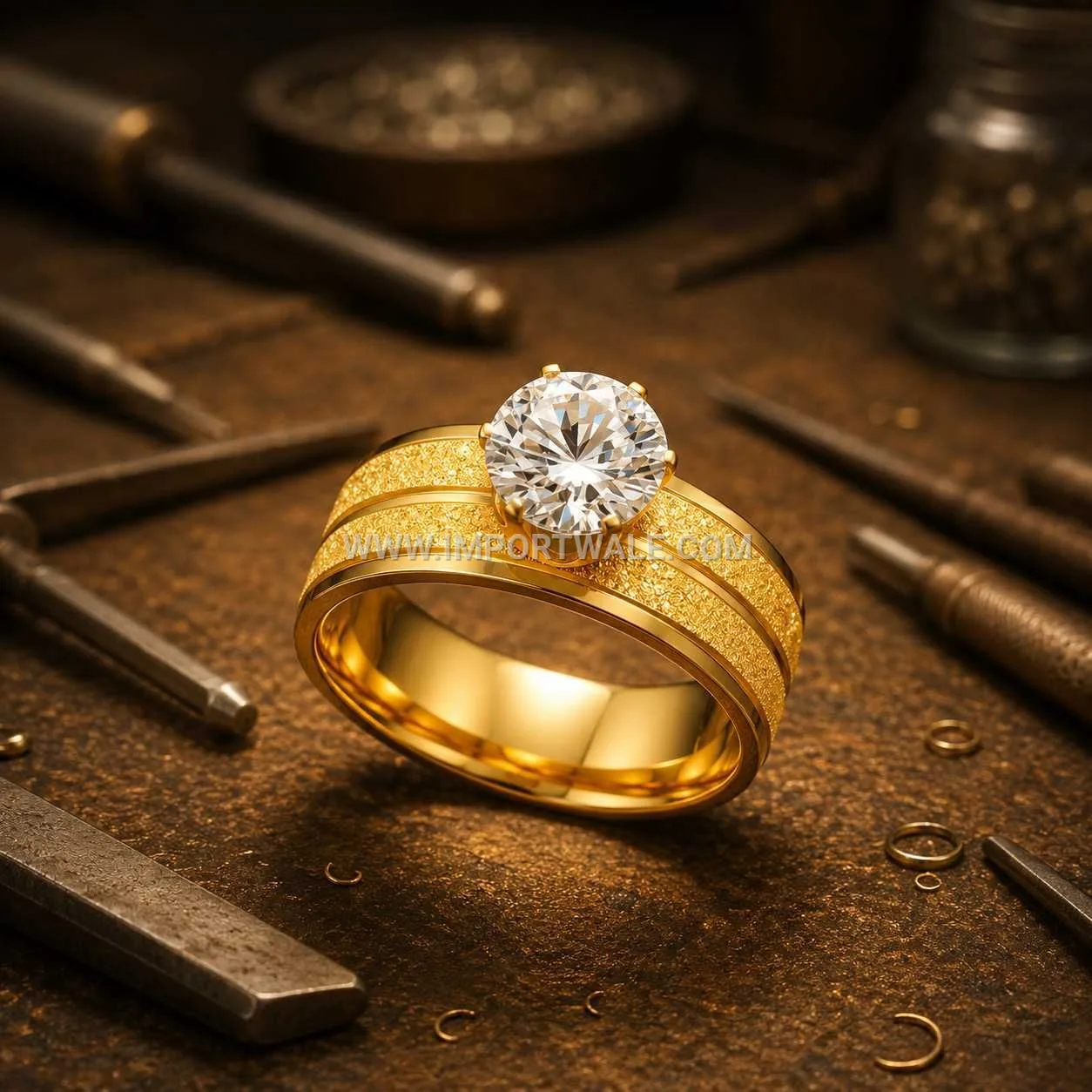 Six Prong Zircon Gold Plated Stainless Steel Band Ring