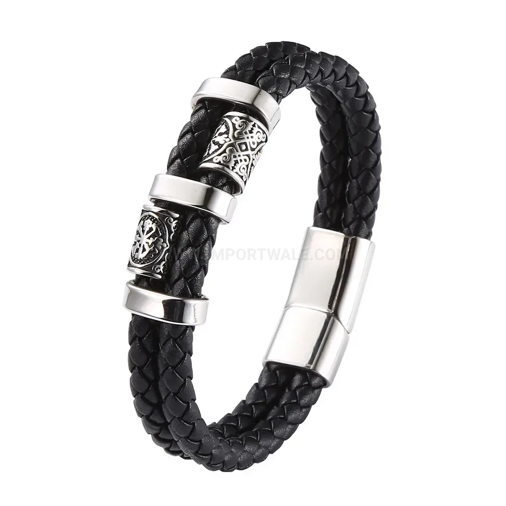 Viking Inspired Stainless Steel Double Strand Leather Wristband