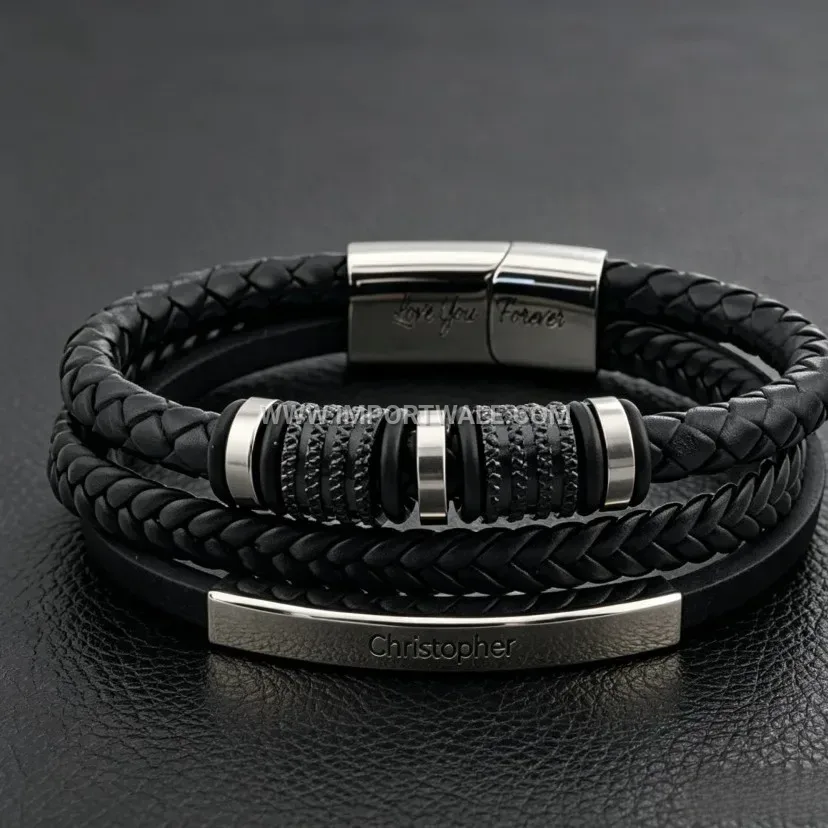 Braided Leather and Stainless Steel Magnetic Charm Bracelet