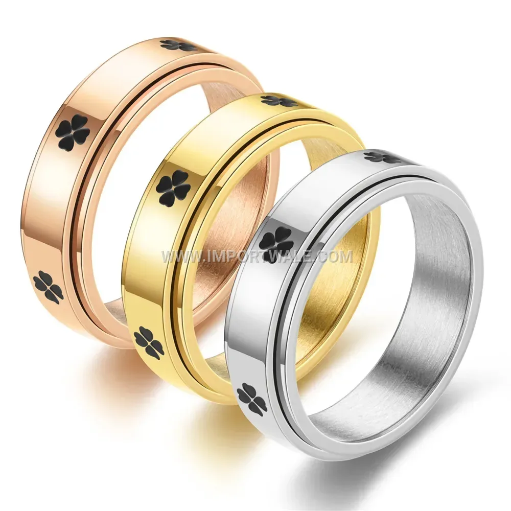 Etched Four Leaf Clover Stainless Steel Spinner Ring