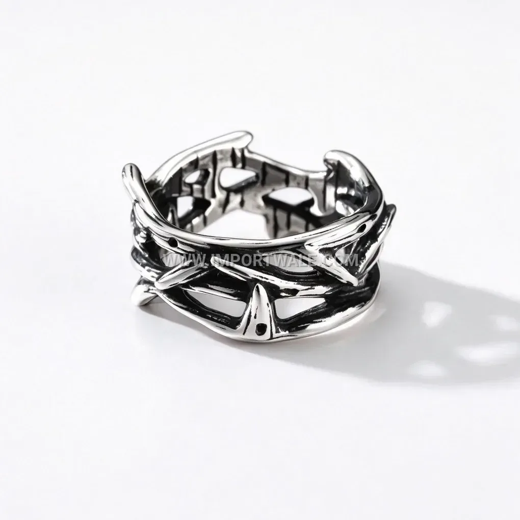 Men Antique Stainless Steel Thorns Punk Band Ring