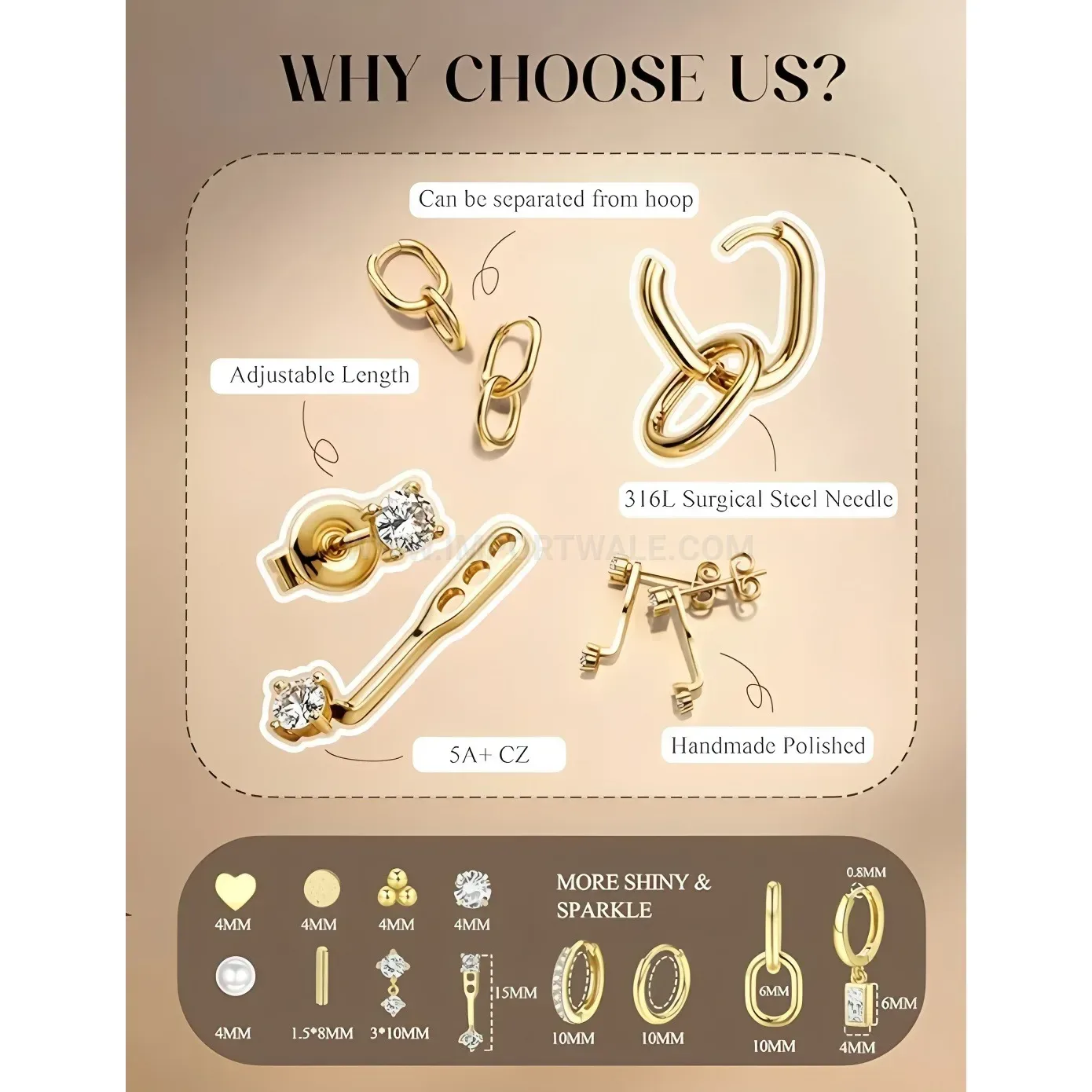 Classic Geometric Stainless Steel Crystal and Pearl Piercing Stud Set