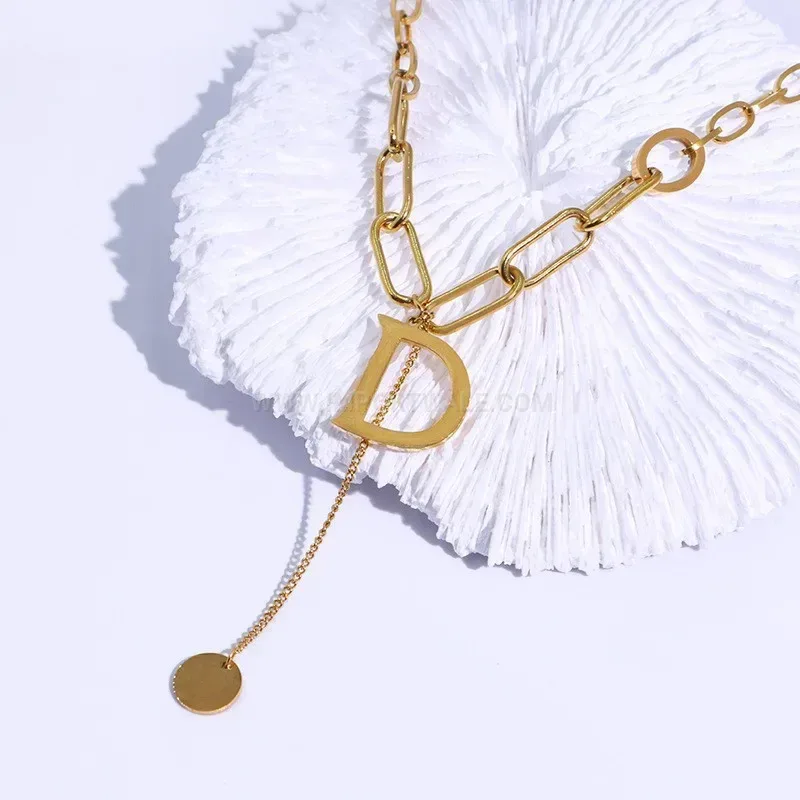 Chic Titanium Steel Statement Letter D Gold Tone Pendant Necklace