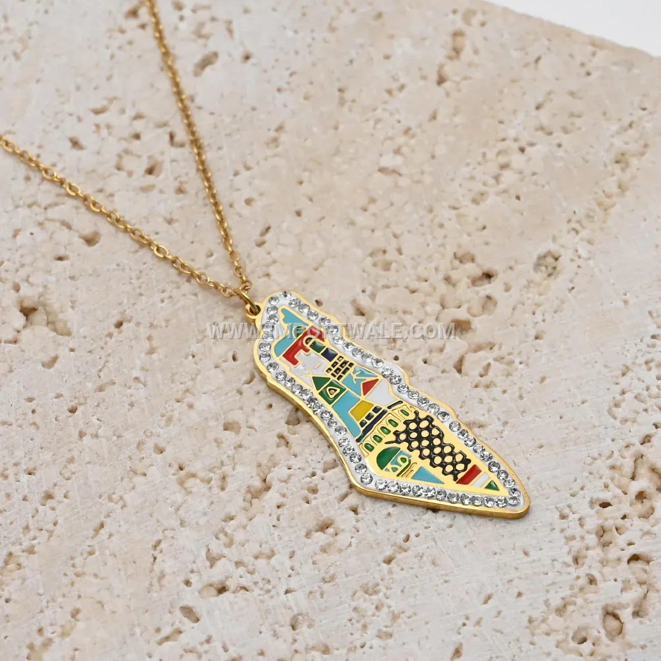 Stainless Steel Palestine Map Arabic Pendant Necklace with Zircon