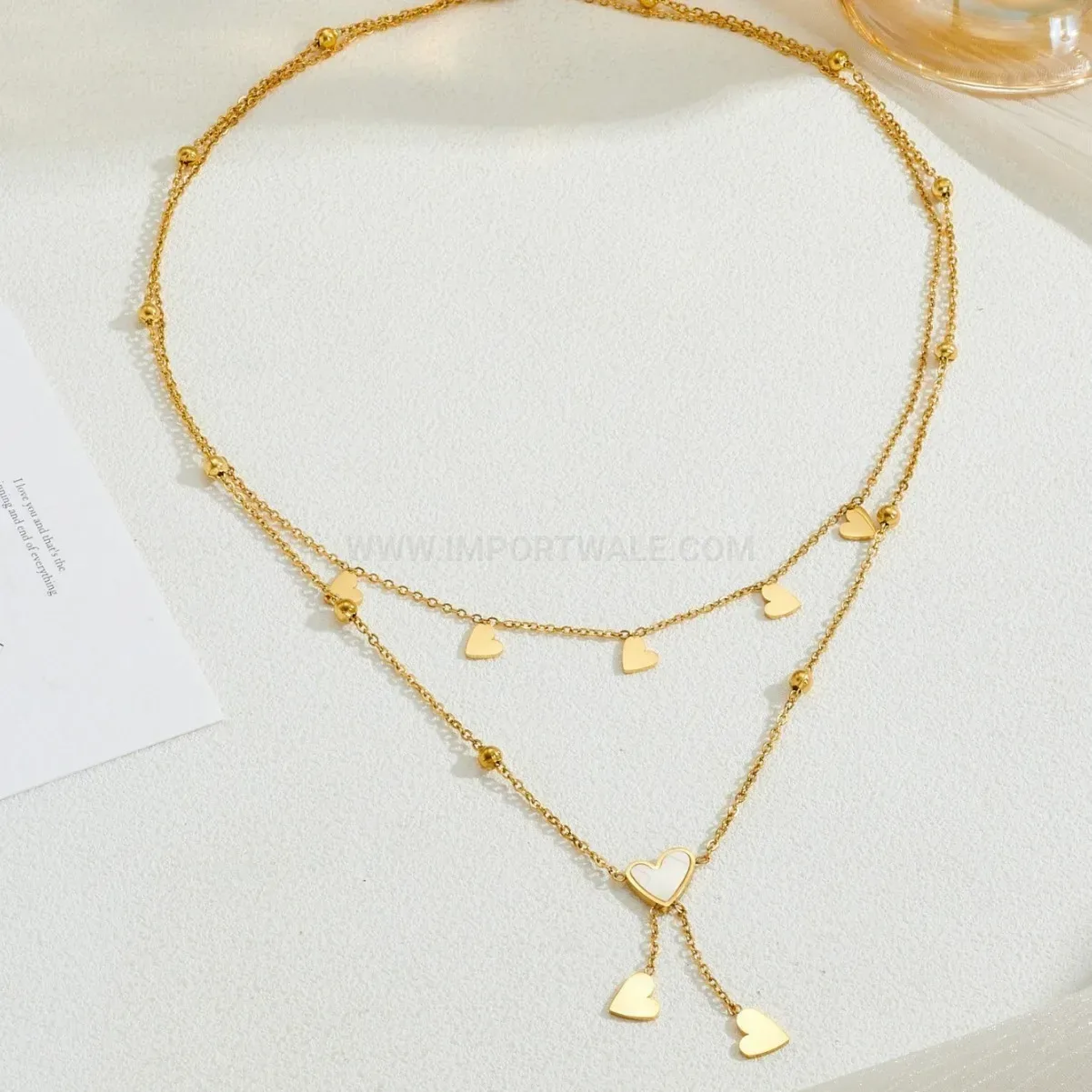 Gold Titanium Steel Heart Tassel Pendant Necklace