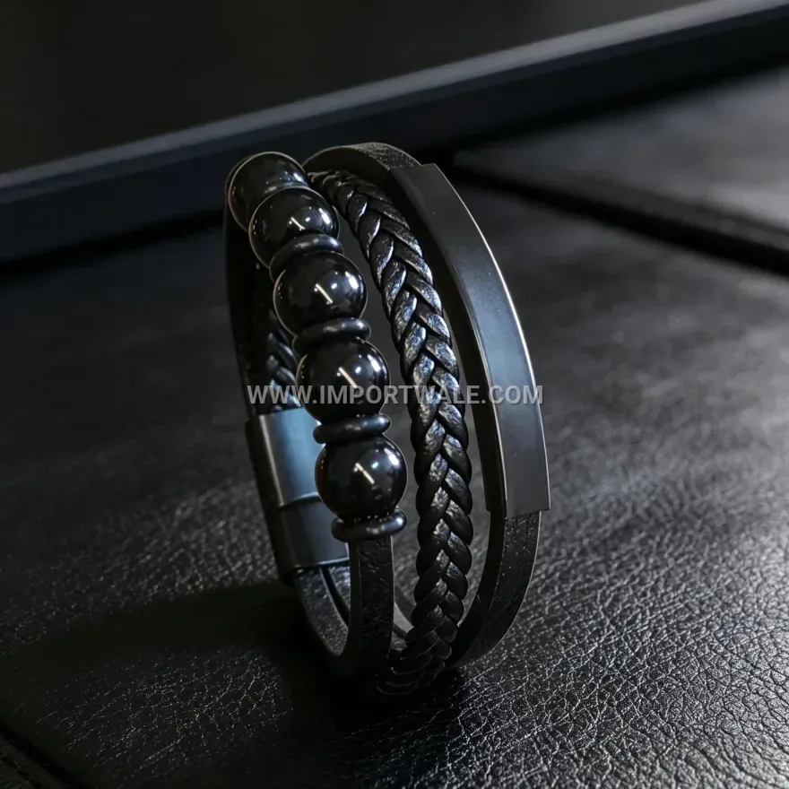 Men's Braided Leather Bracelet with Black Beads and Magnetic Clasp