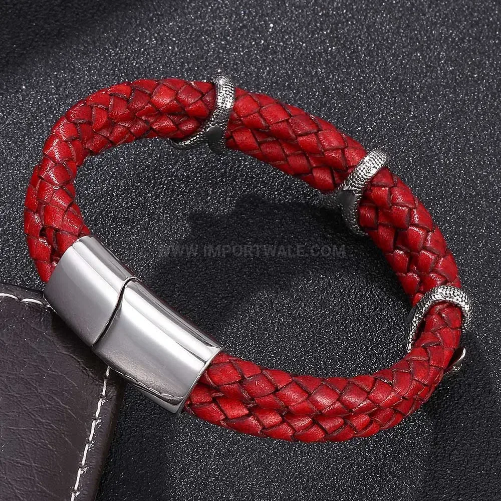 Woven Leather and Stainless Steel Clasp Unisex Statement Bracelet