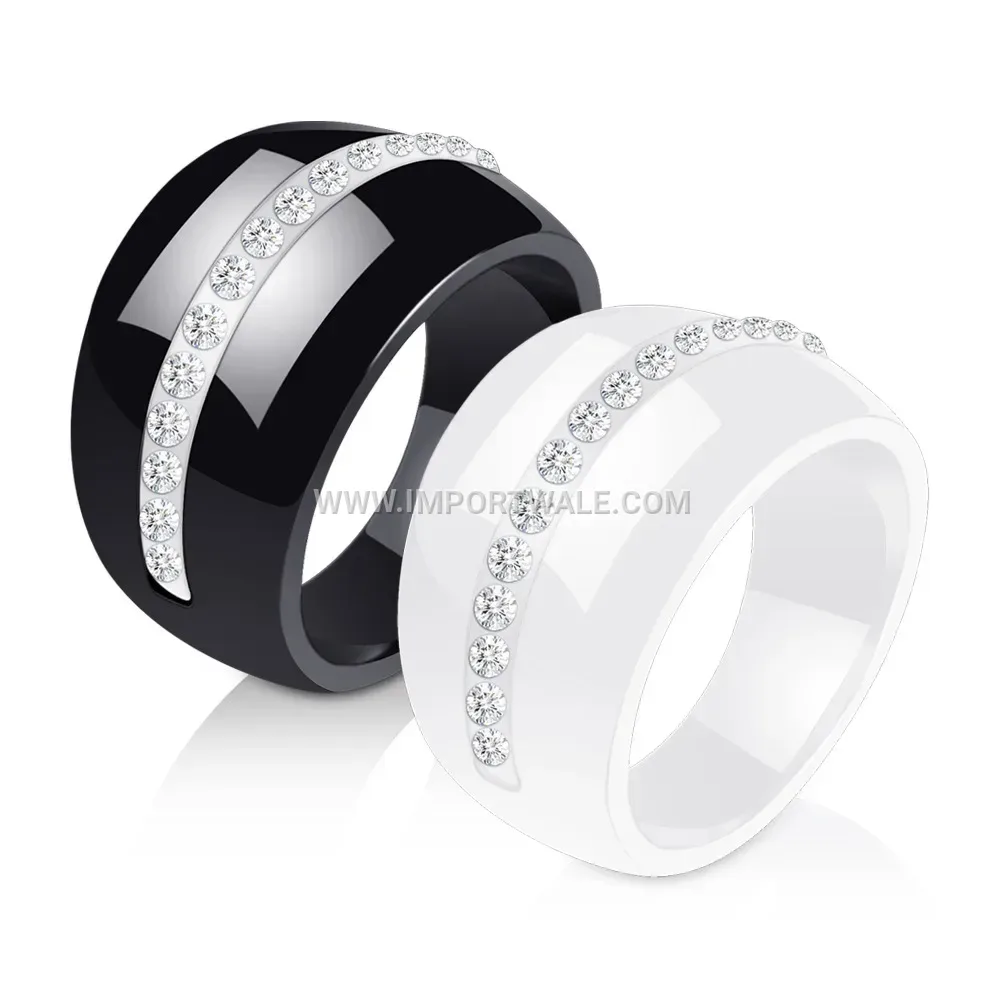 Wide Single-Row Rhinestone Ceramic Ring
