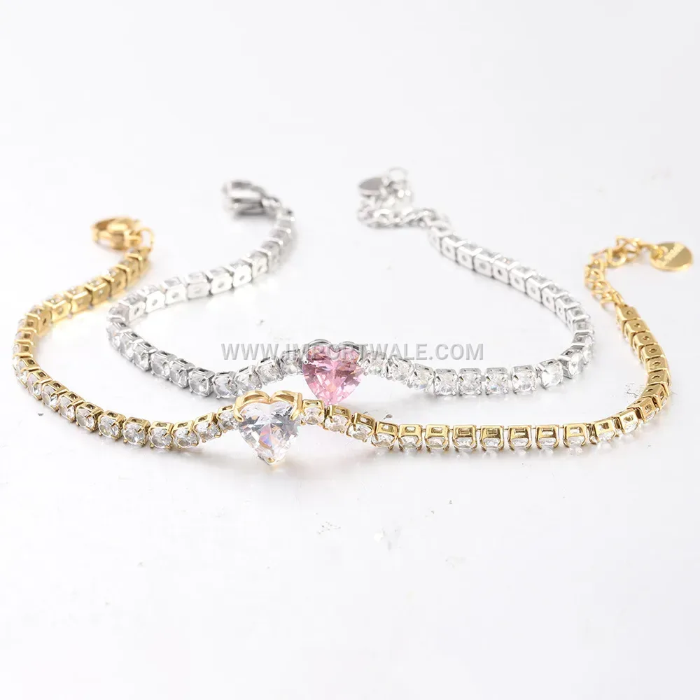Stainless Steel Heart Zircon Accent Bracelet