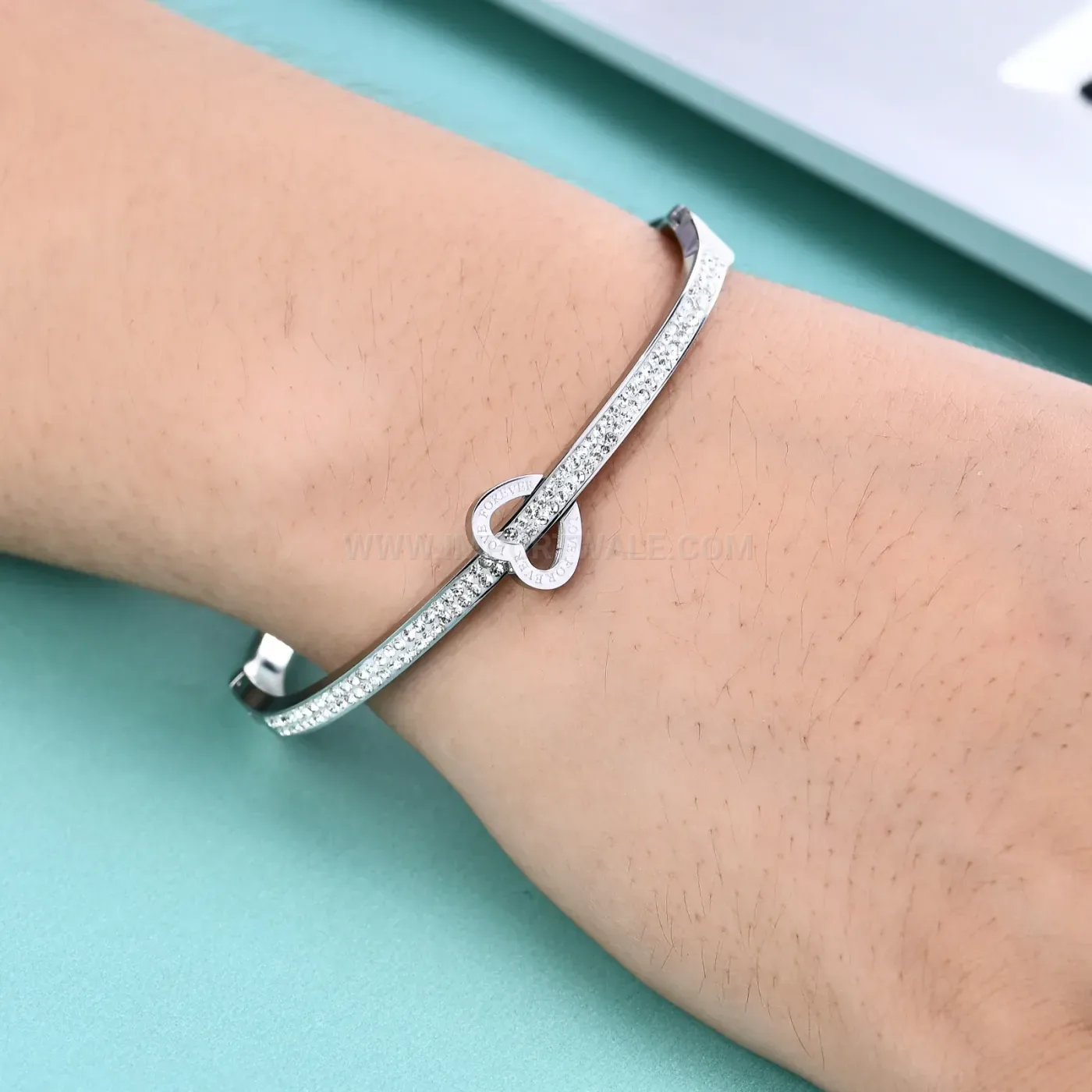 Modern Double Row Rhinestone Heart Open Cuff Bracelet