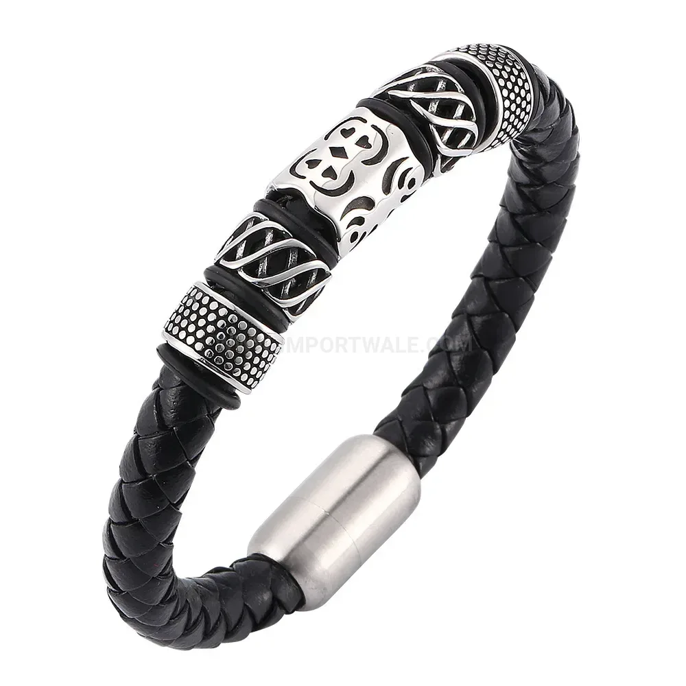 Braided Genuine Leather Cord Wristband With Vintage Stainless Steel Clasp