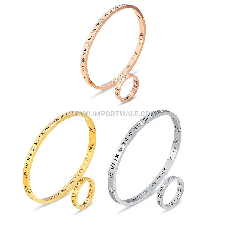 Roman Numeral Cutout Rhinestone Bangle and Ring Set