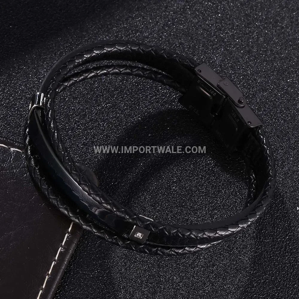 Inlaid Gemstone Multi Strand Braided Leather Stainless Steel Bracelet