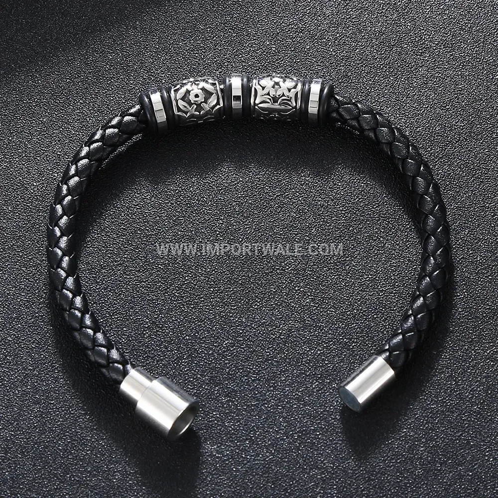 Double Strand Braided Genuine Leather Stainless Steel Bracelet