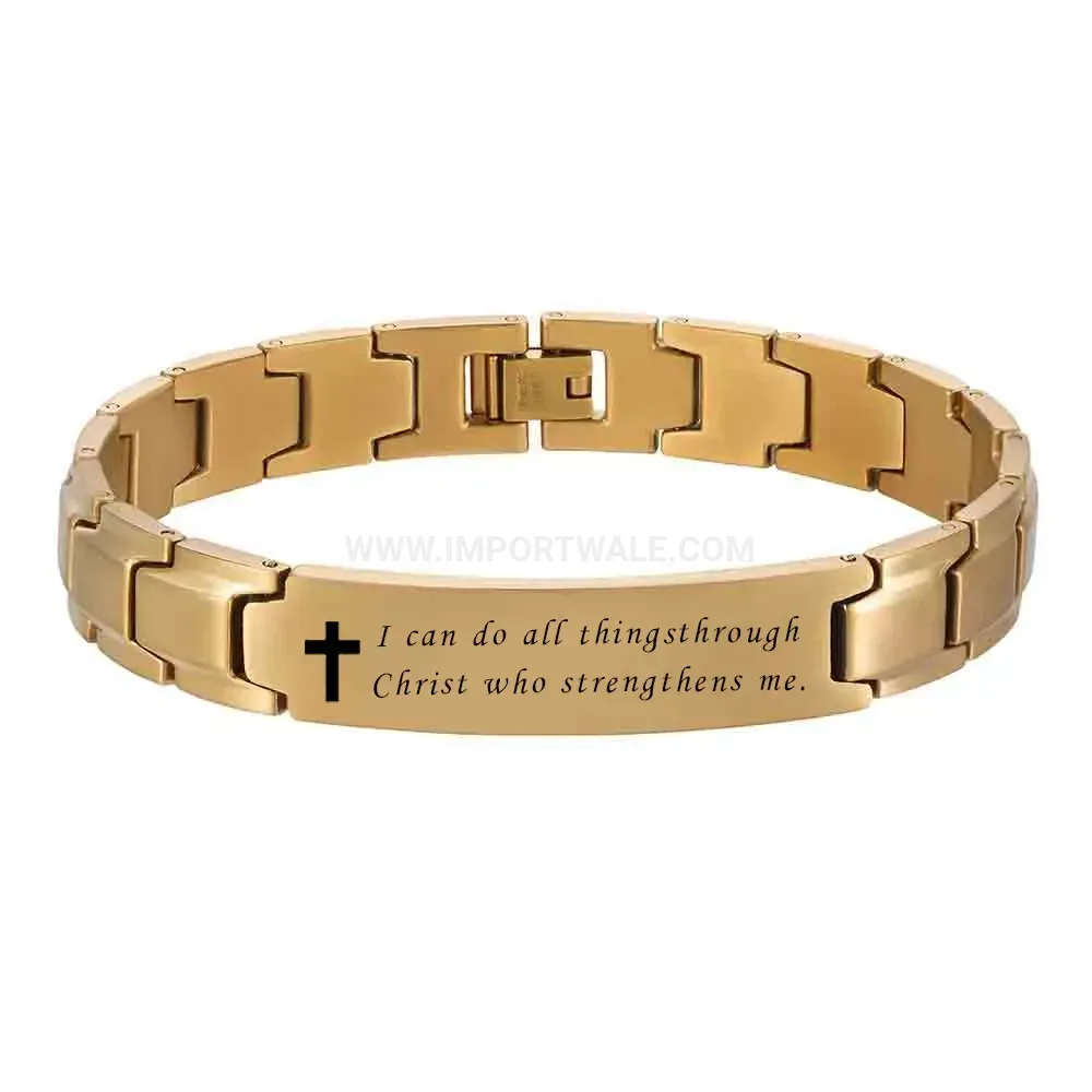 Polished 12mm Dual-Tone Stainless Steel Cross Engraved Link Bracelet