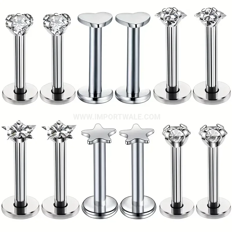 Bold Stainless Steel Internal Thread Zircon Labret Ear Piercing Set