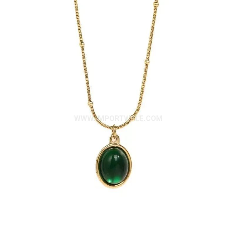 Retro Oval Cat Eye Stone Pendant Titanium Steel Necklace