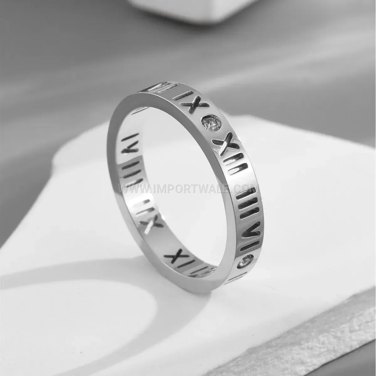 Hollow Roman Numeral Titanium Steel Ring with Crystal Accents