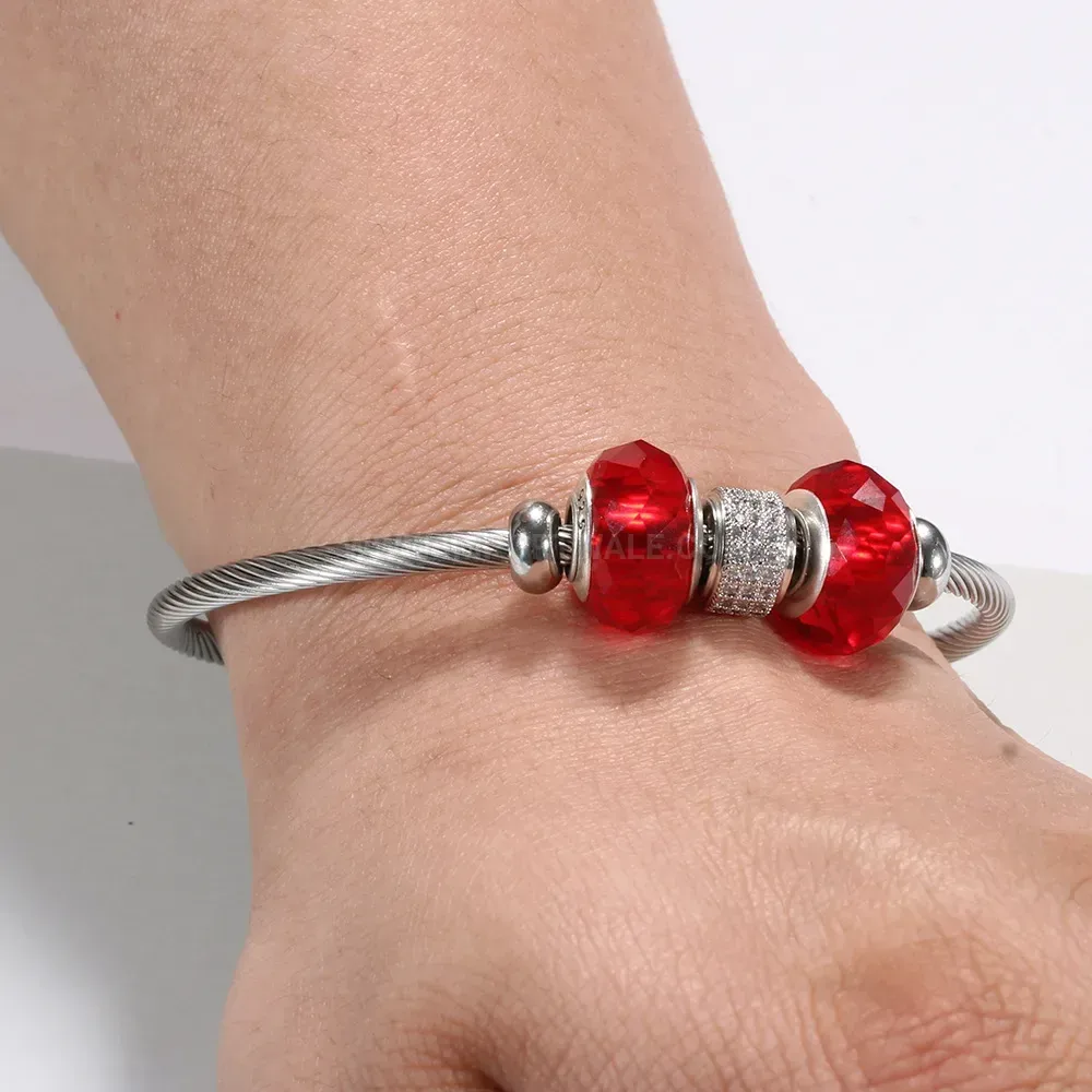 Chic Gold Stainless Steel Cable Bangle with Crystal Beads