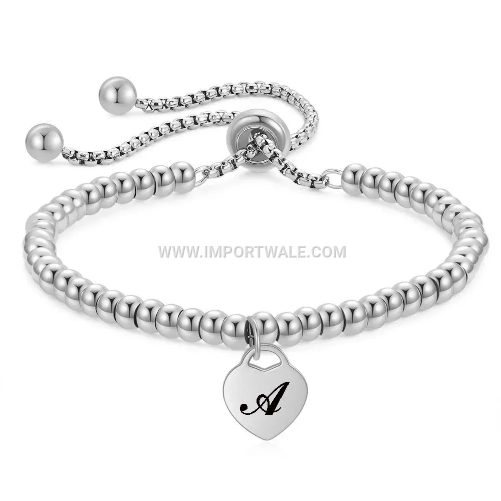 Stainless Steel Beaded Adjustable Initial Heart Bracelet