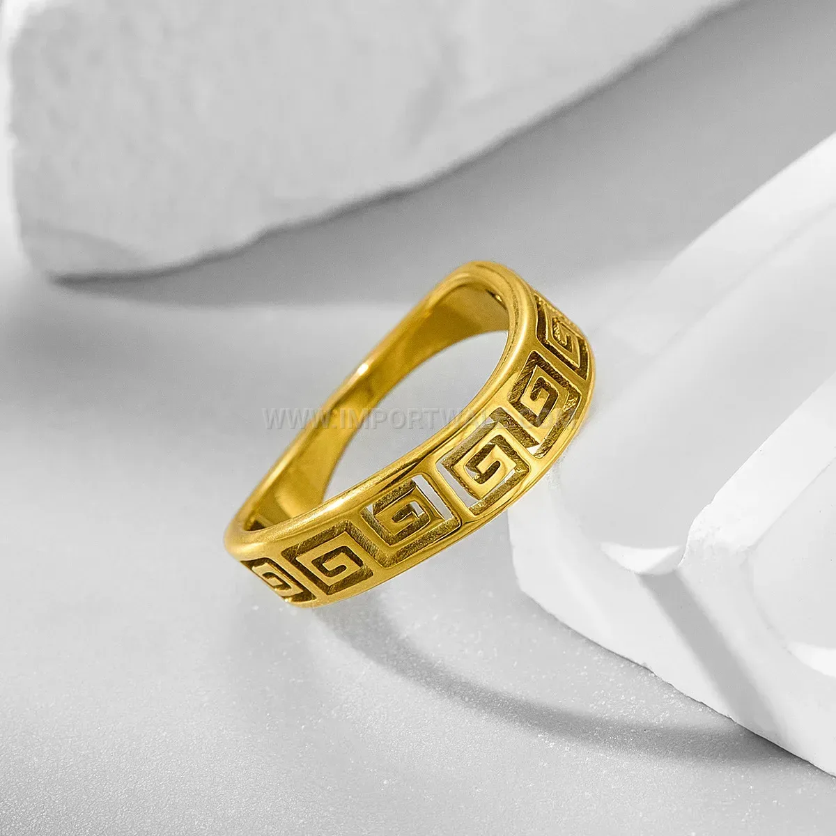 Cutout Geometric Meander Pattern Stainless Steel Ring