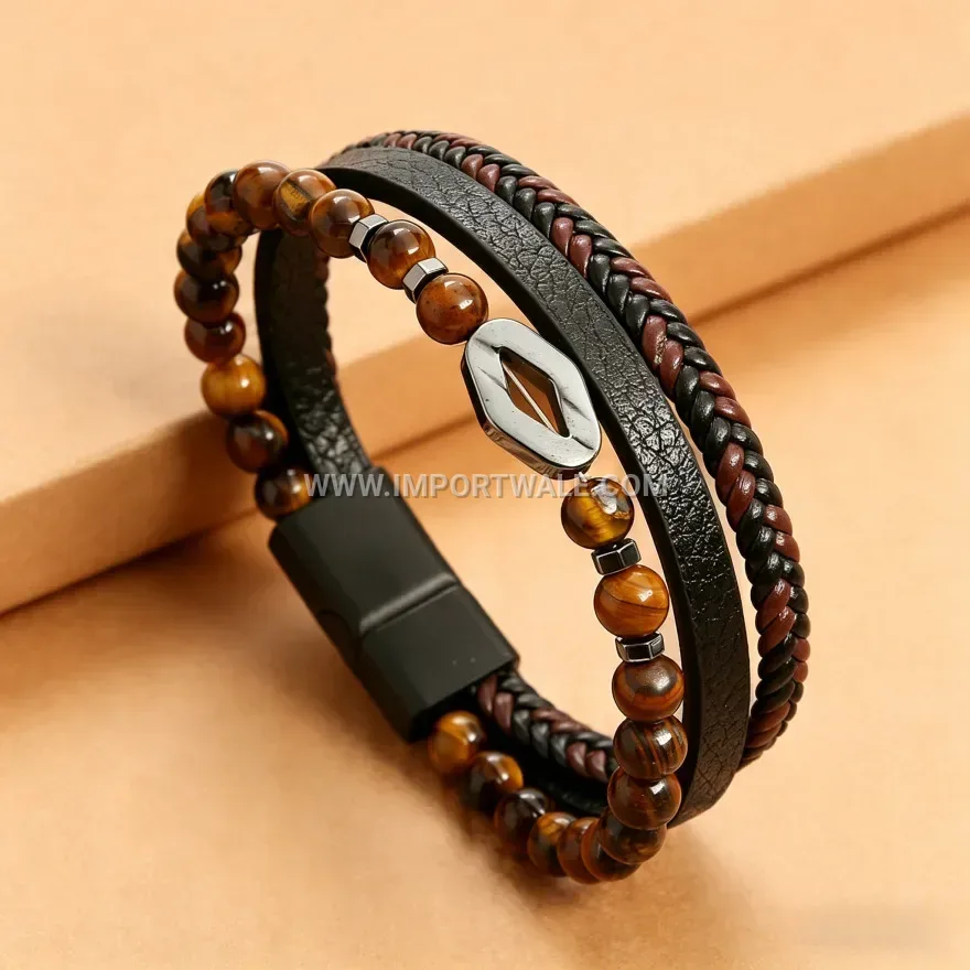 Natural Stone Bead Braided PU Leather Magnetic Bracelet