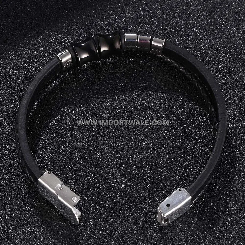 Inlaid Stainless Steel and Black Leather Braided Wristband