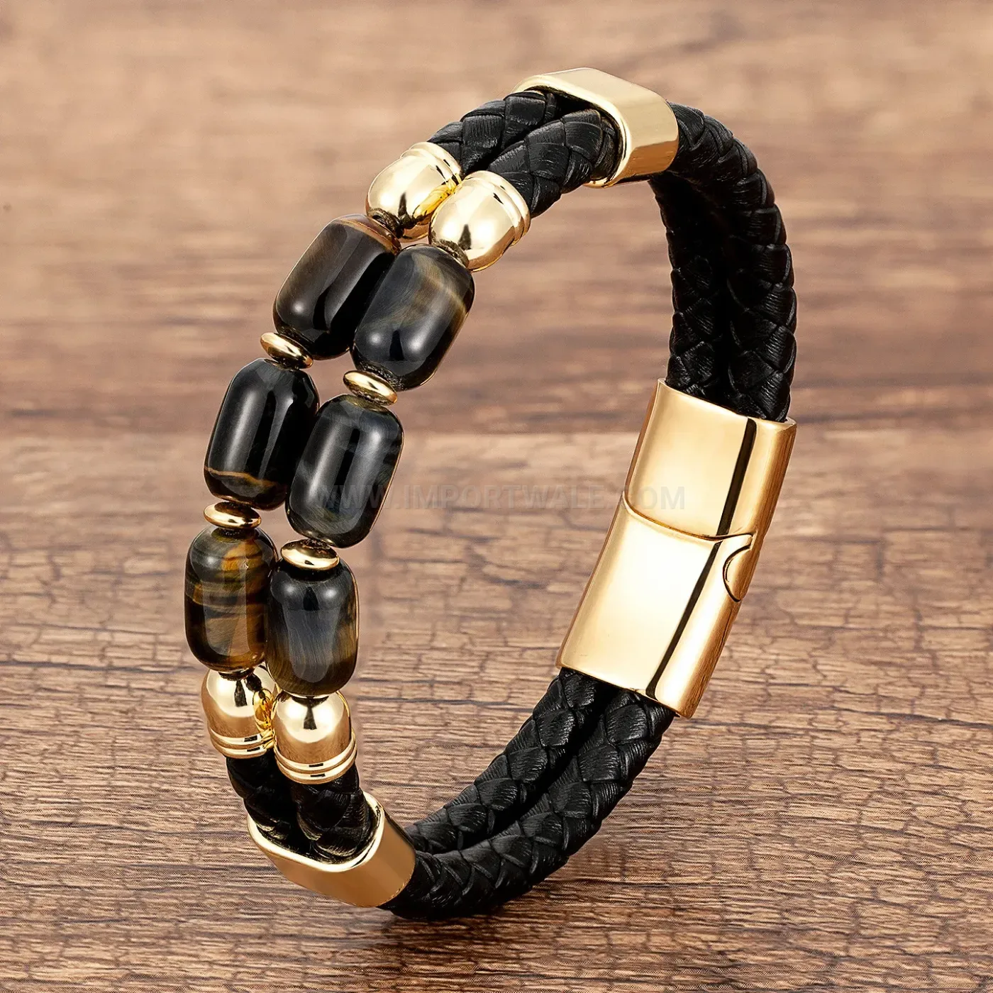 Double Layer Woven Leather and Stone Men Bracelet