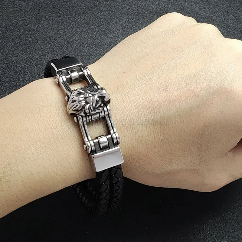 Fashion Sculpted Lion Head Dual-Tone Leather Steel Bracelet