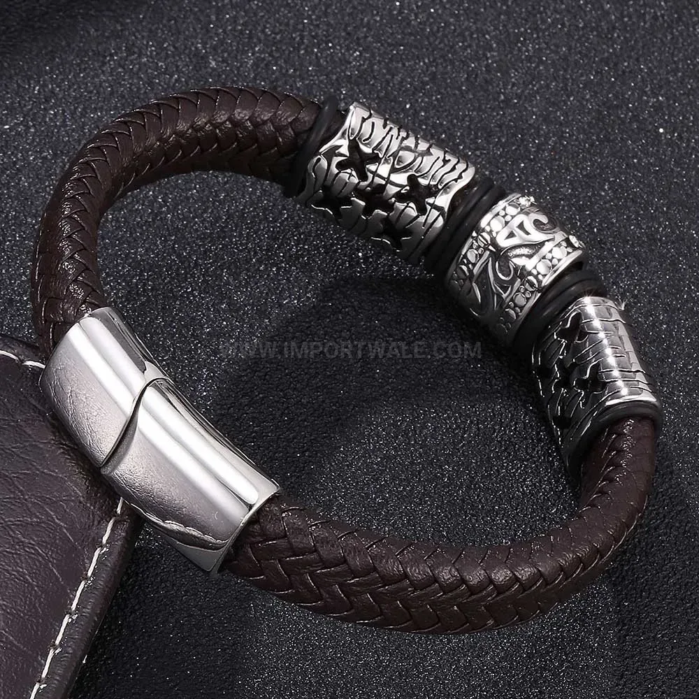 Elegant Men's Geometric Stainless Steel Clasp Braided Leather Bracelet