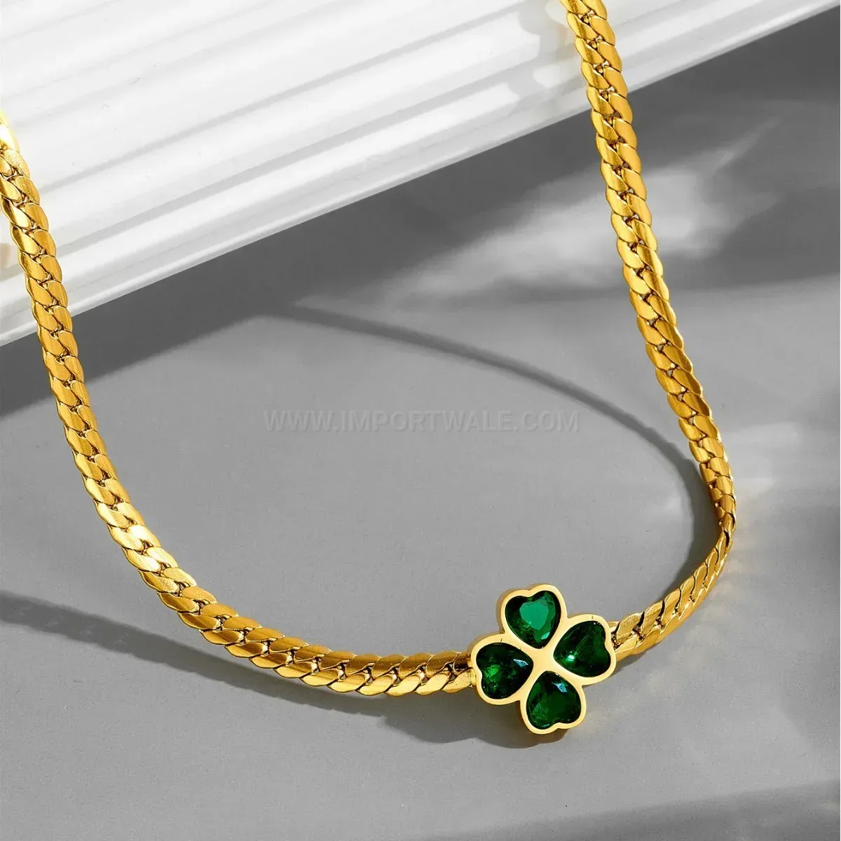 Emerald Zircon Heart Four Leaf Clover Titanium Steel Jewelry Set