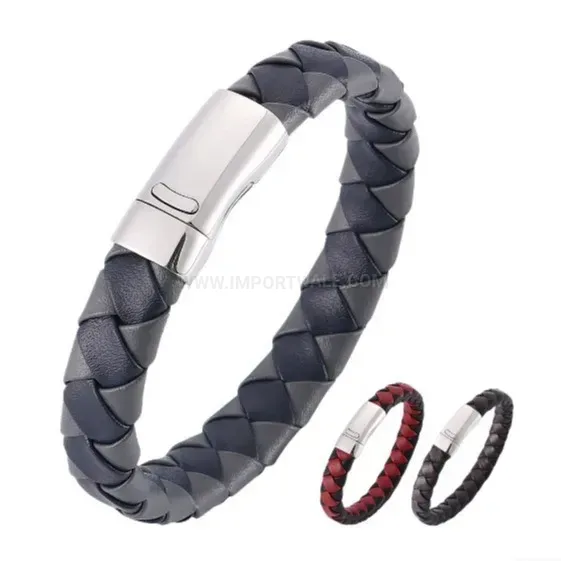 Two Tone Braided Leather Stainless Steel Geometric Bracelet