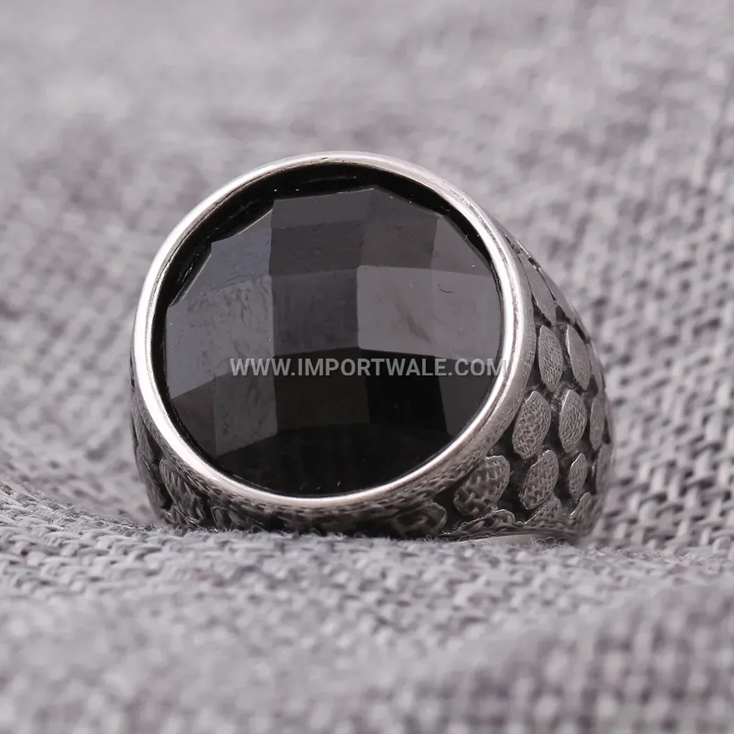 Vintage Stainless Steel Black Gemstone Palace Signet Ring