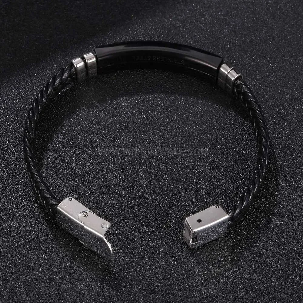 Black Leather Woven Stainless Steel Clasp Band Bracelet