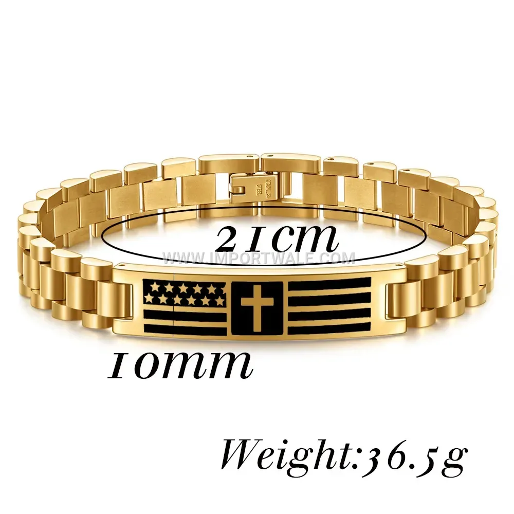 Laser Engraved Cross Stainless Steel Curved Plate Wrist Bracelet
